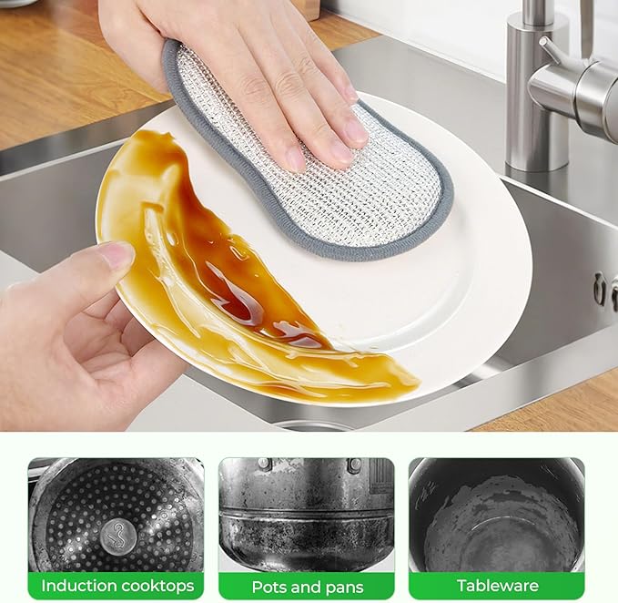 Multipurpose Cleaning Sponges, Non Scratch Double-Sided Heavy Duty Scrub Sponges, Silver Stainless Steel and Multi-Layer Fiber, Metal Scrubbing Pads Sponge Cloths for Home Kitchen (5)