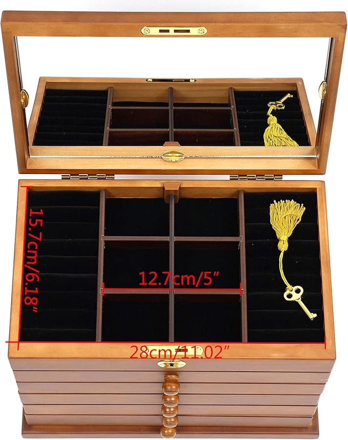 Eapmic Extra Large Four-Leaf Carved 6 Layers Wooden Jewelry Box Jewelry Case Cabinet Armoire Ring Necklacel Gift Storage Box Organizer (Brown Style 2)