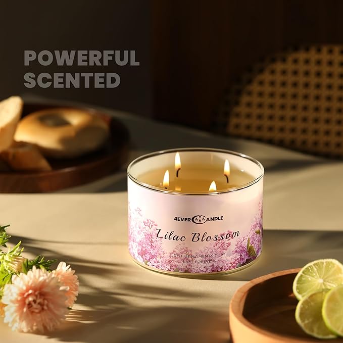 4EVER Scented Candles | 4-Wick 18oz Soy Wax Candle | Up to 50Hrs Clean Burn | Aromatherapy Candles for Home Scented | Gifts for Women & Mom, Lilac Blossom