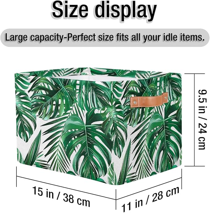 Tropical Palm Leaves Storage Basket for Shelves, Storage Bins with Handles, Collapsible Basket for Organizing, Closet Toy Baskets for Nursery Room, 15x11x9.5 in, Canvas, Green Monstera Leaf