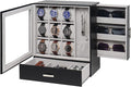 Jenseits 9-Slot Watch Box, Mens Jewelry Box with Glass Lid and Drawer, Leather Watch Organizer for Watches, Sunglasses, Vertical Watch Case Holder for Men Women, Gift Idea