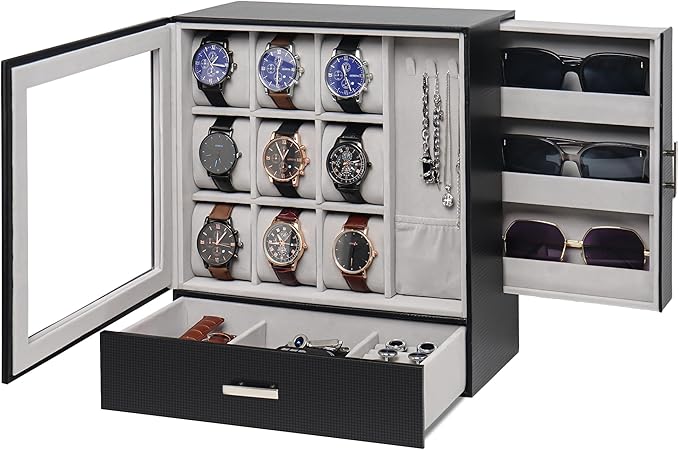 Jenseits 9-Slot Watch Box, Mens Jewelry Box with Glass Lid and Drawer, Leather Watch Organizer for Watches, Sunglasses, Vertical Watch Case Holder for Men Women, Gift Idea