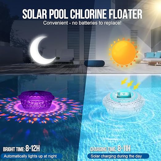 Solar Pool Chlorine Floater with Lights and Pool Water pH Testing Kit, Pool Lights Floater with Hot Tub pH Tester, Adjustable Chlorine Dispenser with Digital Thermometer for Swimming Pool Spas