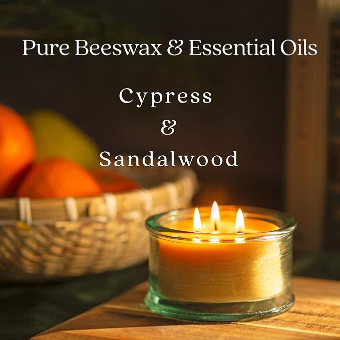 Bluecorn Beeswax 3-Wick Candle, 100% Pure Bees Wax, Cypress & Sandalwood Essential Oils Candle Wax, Soy Free, Clean Burning, Long Lasting, Gifts for Women & Men, American Made, 10 Oz