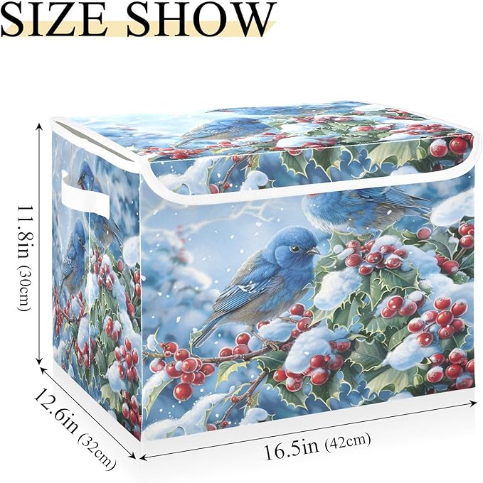 senya Winter Baskets Collapsible Storage Bins with Lids, Blue Bird Evergreen Branch Storage Boxes Clothes Baskets for Organizing