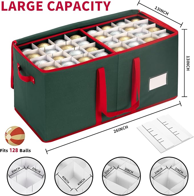 Large Christmas Ornament Storage Box With Adjustable Dividers,Ornament Storage Container with 8 Removable Trays for 128 Holiday Decorations,Green