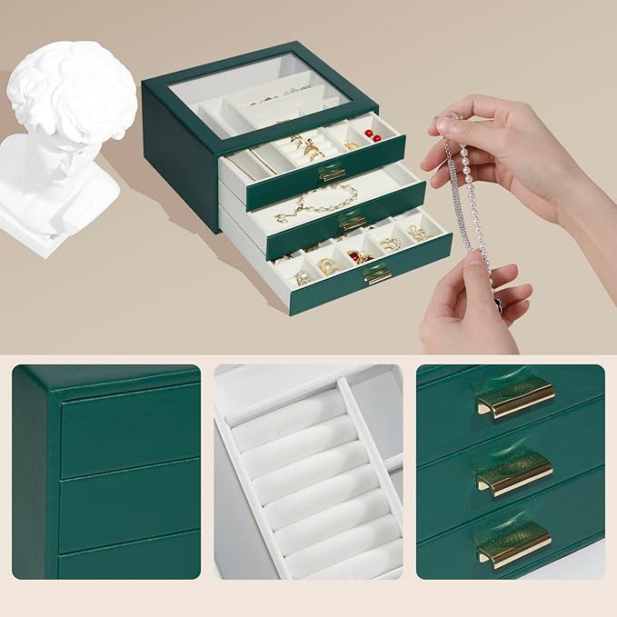 Jewelry Box Organizer with 3 Drawers,Glass Lid Jewelry Boxes for Women,Jewelry Storage for Rings,Necklaces,Earrings,Bracelets,Interesting Gift,Green