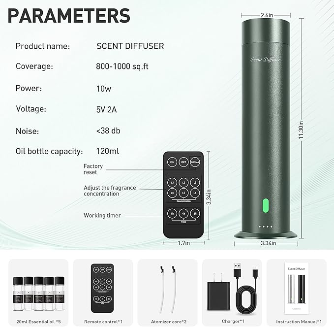 Waterless Scent Diffuser Starter Kit - 1000 Sq Ft Coverage, Hotel Scent Diffuser, Essential Oil Diffuser Large Room, Included 5 Scent Oils, Remote Control, SandGreen