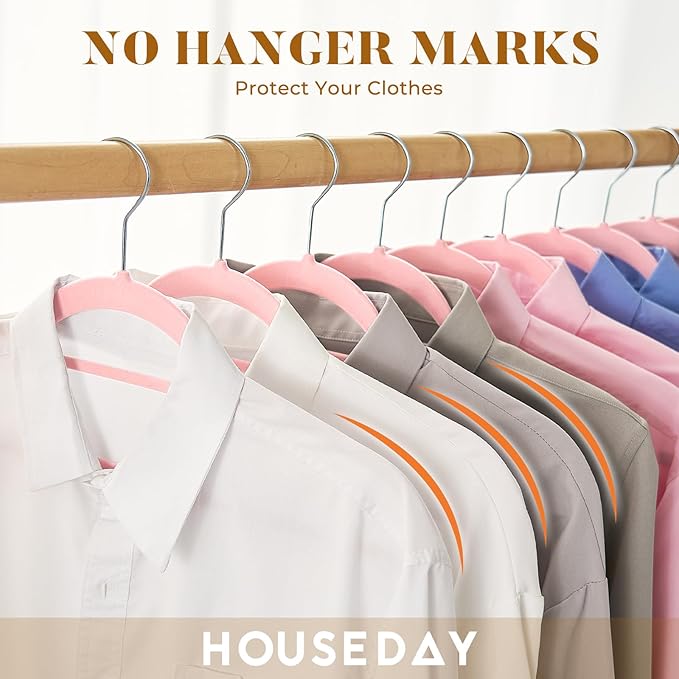 HOUSE DAY Velvet Hangers 60 Pack, Non-Slip Hangers with Tie Bar, Premium Standard Clothes Hanger Slim Felt Hanger 360° Swivel Hook for Closet Organized Storage Elegance Pink 72g/Pc