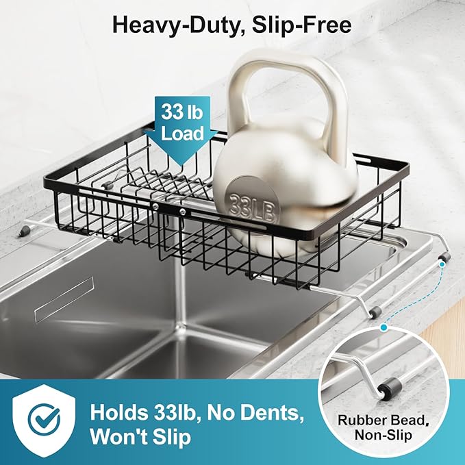 iSPECLE Expandable Dish Drying Rack for Kitchen Sink - Rust Resistant Adjustable Over The Sink Dish Drainer with Non Slip Rubber, 11.8" W x 12.8"-25.2" L, Black