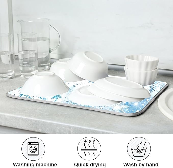Winter Snowflake Blue Dish Drying Mat for Kitchen Countertop 18x24 Christmas Snowman White Xmas Large Drying Mat Reusable Quick Dry Dish Sink Mats Easy Clean Decorative Essentials