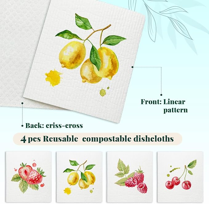 LARTSFRO Swedish Dishcloths for Kitchen, Spring Swedish Dish Cleaning Cloths for Friut, Papaya Reusable Paper Towels, 4 Pack Dish Towels for Kitchen, Reusable Sponge Cloths Washable
