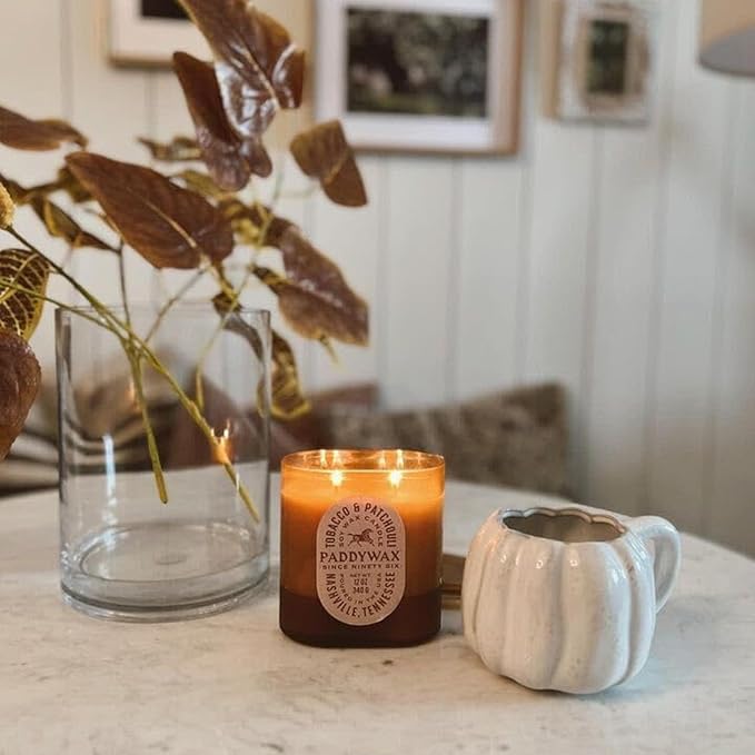 Paddywax Vista Scented Candle with Lid in Reusable Tonal Glass Jar, Clean-Burn 2-Wick Soy Candle with Approx. 84 Hour Burn Time, Decorative Gift Candles for Home, Tobacco & Patchouli, 12 oz