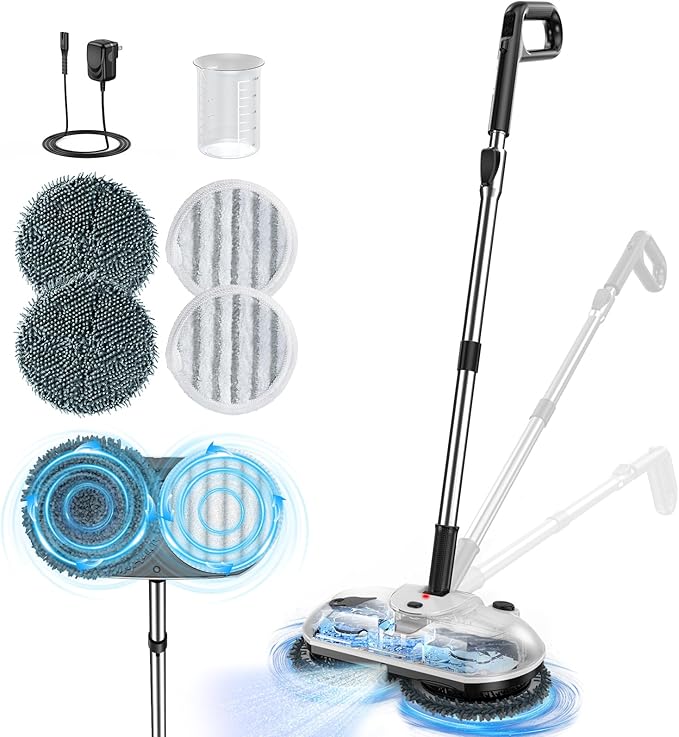 ScrubWiz Cordless Electric Mop, Electric Spin Mop with Water Spray, Powerful Floor Cleaner, Super Quiet Cleaning & Waxing, White