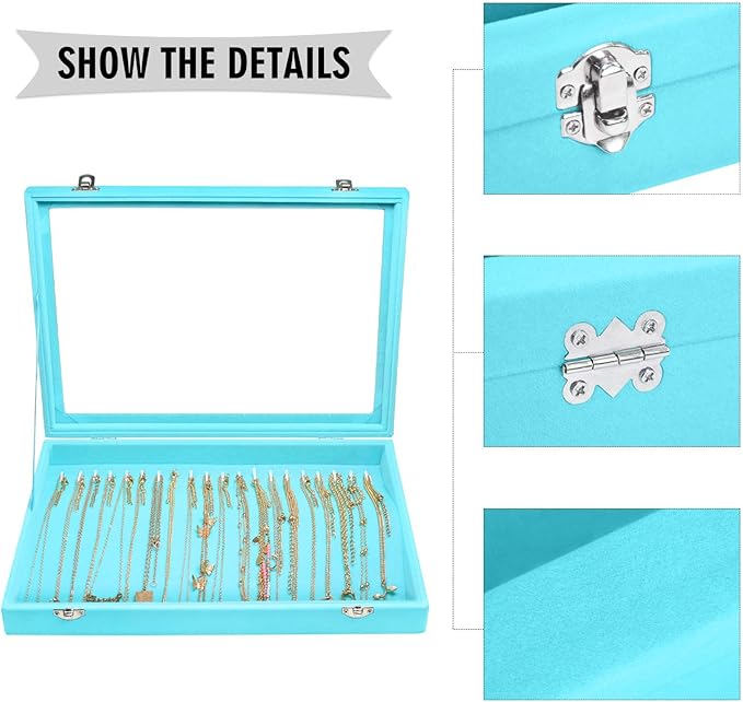 Necklace Organizer Box Premium 20 Hooks Velvet Necklace Display Jewelry Tray with Transparent Lid Jewelry Necklace Display Box for Necklace Pendants Suitable for Women and Girls (Light Blue)