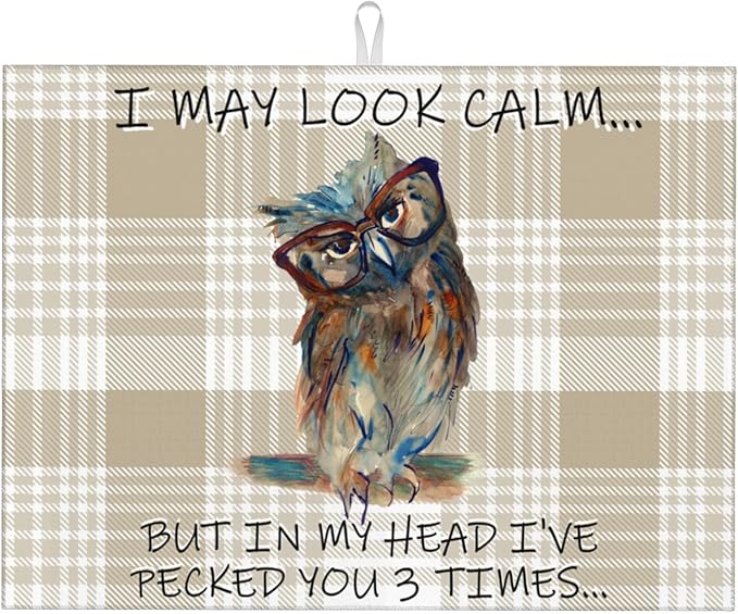 Kitchen Drying Mat Funny Owl Dish Drainer Mat for Kitchen Counter Microfiber Absorbent Reusable Washable 18x24 Inch Home Holiday Decor Cute Buffalo Plaid Drying Pad
