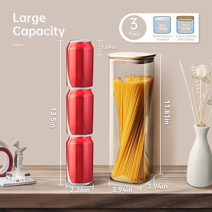 HomArtist Square Glass Jars with Bamboo Lids 79 FL OZ [Set of 3], Glass Canisters with Airtight Lid, Glass Food Storage Containers for Spaghetti, Fettuccine, Linguine,Pasta, Best for Kitchen & Pantry