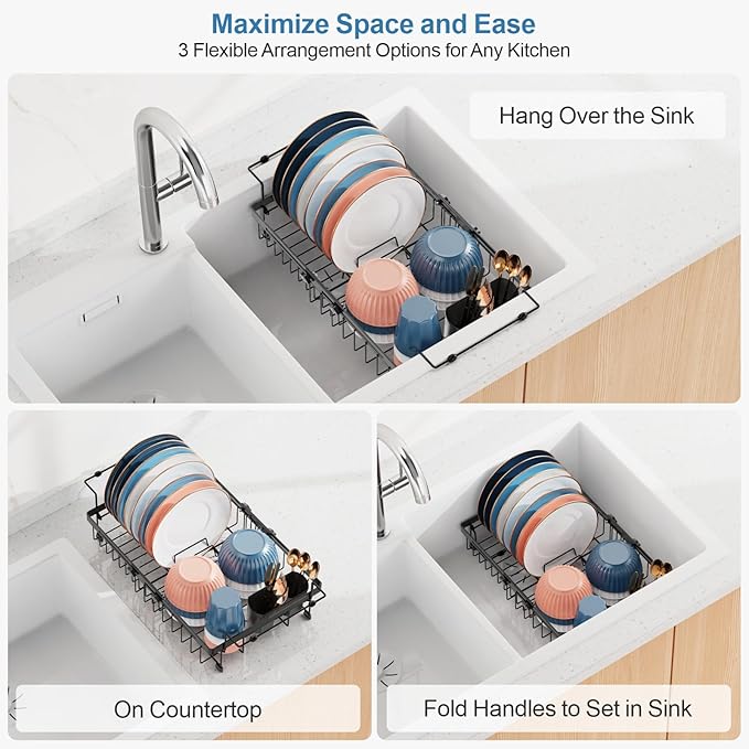 iSPECLE Expandable Dish Drying Rack for Large Kitchen Sink - Rust Resistant Adjustable Over The Sink Dish Drainer with Tightening Knob, Arms with Non Slip Rubber, 12.8" W x 15.8"-20.7" L, Black
