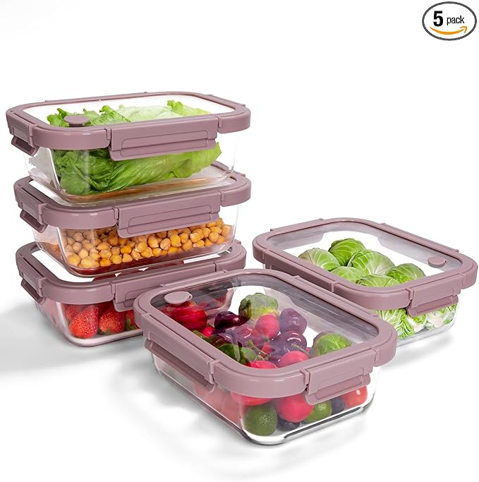 BOROHOUSE 5-Pack Borosilicate Glass Containers with Tempered Lids, 35.2oz/4.4 Cup Airtight Meal Prep Set, Microwave/Freezer Safe (Pink)