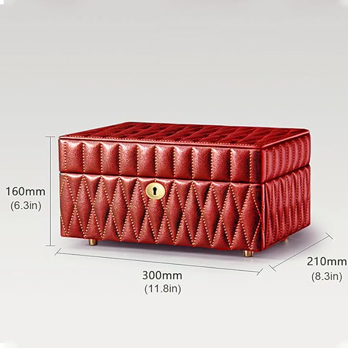 Genuine Leather Jewelry Box – 2 Layer Large Jewelry Organizer with Mirror, Lockable Jewelry Box for Women – Necklace, Ring, Earring Organizer with Drawer – Gift (Red)