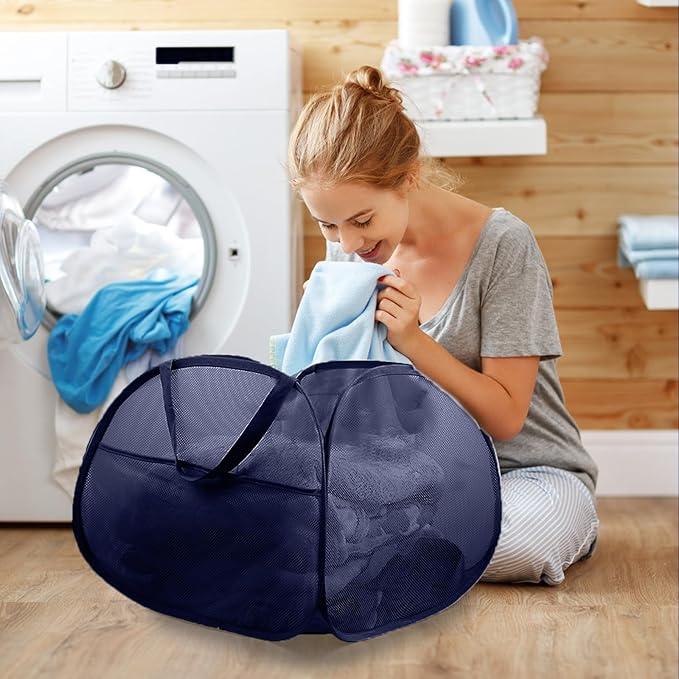 Collapsible Laundry Baskets, 90L Large Foldable Laundry Basket, Durable Mesh Pop Up Hampers for Laundry, Dirty Clothes Laundry Hamper for Bedroom, Bathroom, Dorm, Laundry Room, Travel or Camping Navy