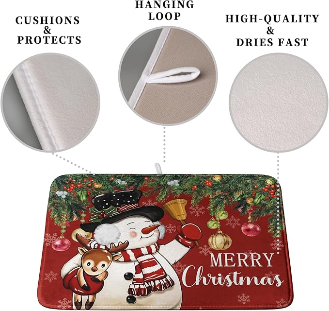 Kwlegh Christmas Dish Drying Mats for Kitchen Counter 16x18 Cute Snowman Red Dish Drying Pad for Dishes Winter Xmas Holiday Dish Draining Mat Absorbent Microfiber Dish Drainer Rack Mats