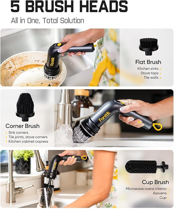 Fanttik G9 Handy Cordless Electric Spin Scrubber, MagnaStorm Motor, Dual-Speed, 5 Brush Heads, LED Display, IPX7 Waterproof, 2500mAh with Type-C Charging, for Kitchen, Sink, Tile, Stove