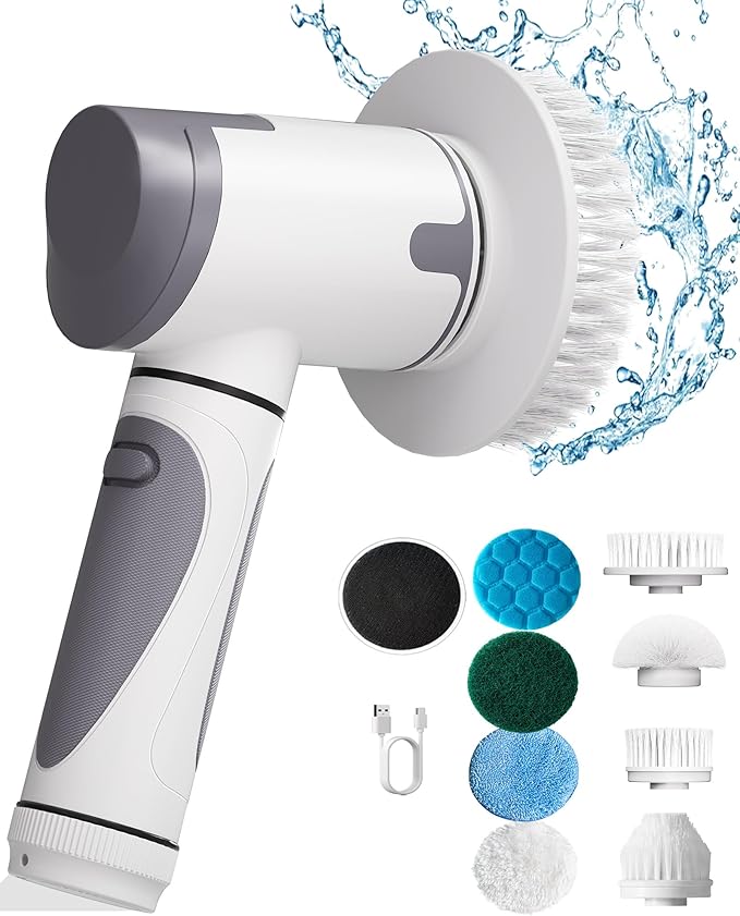 Wildley Electric Spin Scrubber,Power Scrubber Dual Speeds Cordless Shower Scrub Brush with Handle,Cleaning Brush with IPX7 Waterproof,8 Brush Heads for Kitchen,Tile,Tub (Short Purple)