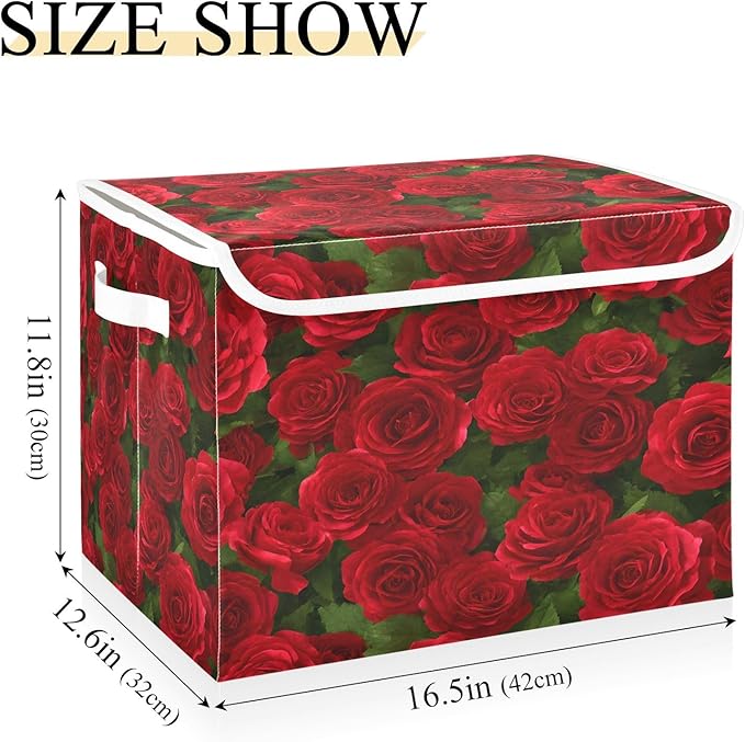 Bolaz Red Rose Leaves Pattern Storage Bins with Lids and Handles, Foldable Storage Box Storage Basket with Cover Collapsible Organizer Containers for Home Closet, Shelves