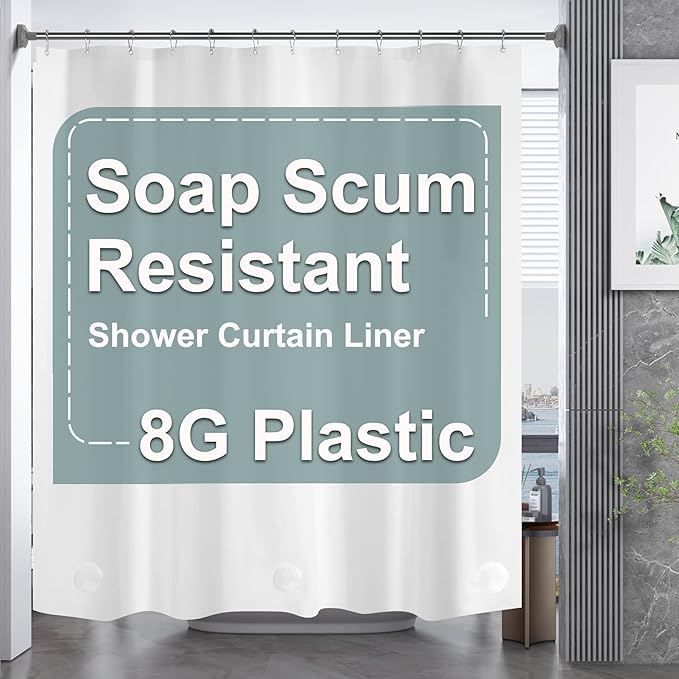 AmazerBath Plastic Shower Curtain, 72 x 65 Inches PEVA Heavy Duty White Shower Curtain, Waterproof Heavy Weight Thick Bathroom Curtain with 3 Big Clear Weighted Stones and 12 Rustproof Grommets