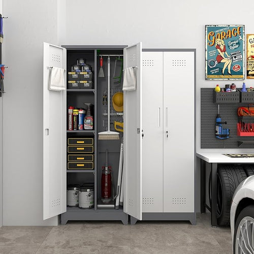 65" H Locking Storage Cabinet,Metal Broom Storage Cabinet with Doors and Adjustable Shelves,Steel Tall Garage Cabinet with Pegboard and Hanging Rod for Home Office,School,Gym,Grey-White