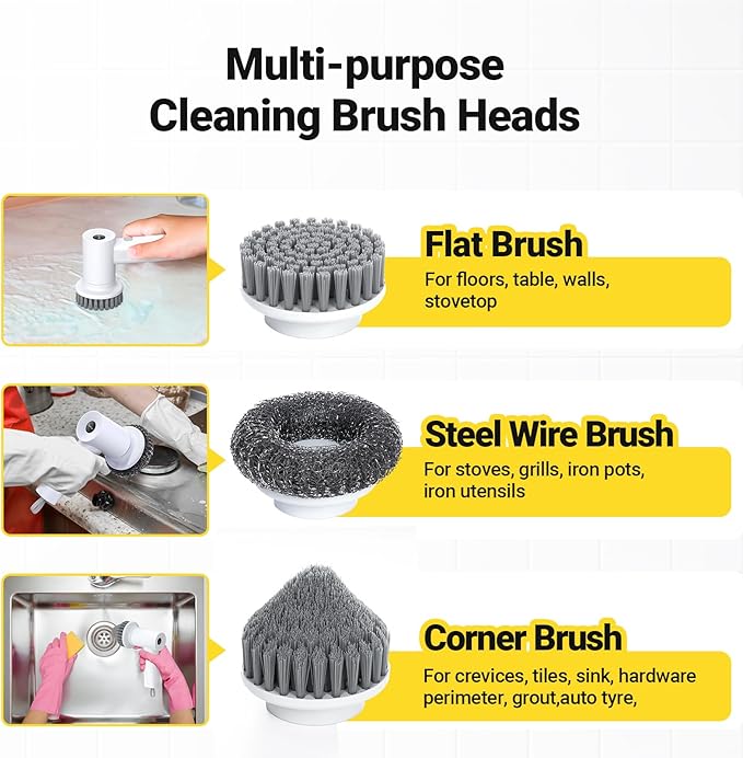 StarVal Electric Spin Scrubber, 3000 mAh Cordless Power With 8 Replaceable Heads, Dual Speed Lightweight Handheld for Cleaning Stove/Bowl/Sink/Corner/Tile/Grout (White)