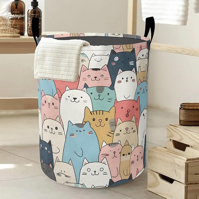 Laundry Basket-Cute Cartoon Cat Foldable Waterproof Oxford Cloth Funny Tote Bag Laundry Hamper Clothes Storage Bucket Organizer For Bathroom/Laundry Storage/Bedroom Storage Basket