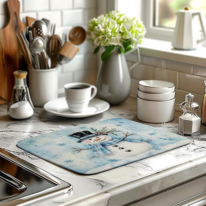 Blue Snowman Snowflake Christmas Dish Drying Rack - 16x18 Inch Absorbent Microfiber Mat for Home Coffee Bar