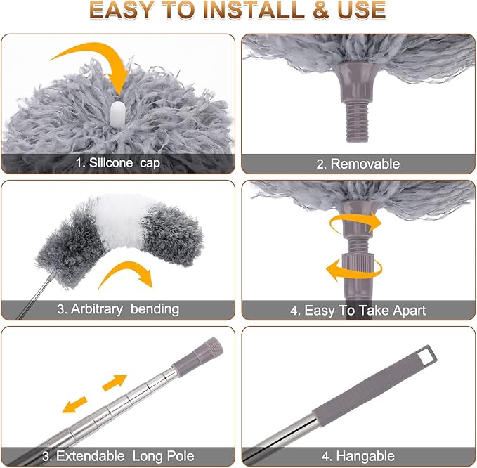 DEEHYO Microfiber Duster for Cleaning Fan, High Ceiling, Blinds, Furniture, Cars , 9PCS Extendable Feather Duster (Stainless Steel) 30 to 100 Inches, Reusable Bendable Washable