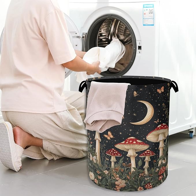 Mushroom Forest Plant Laundry Hamper,Butterfly Moon Dirty Clothes Laundry Basket with Handles Waterproof Oxford Cloth Storage Basket for College Dorms Bathroom Bedroom 16" x 20.8"