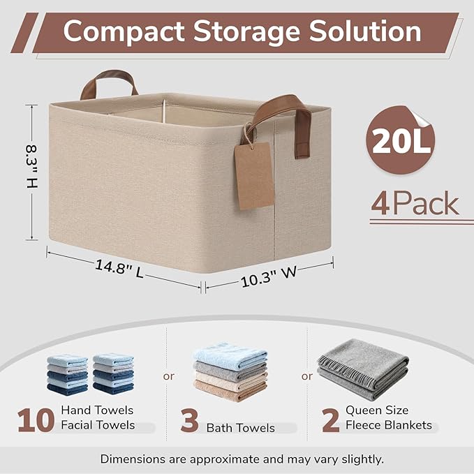 CHICVITA 4 Pack Storage Baskets for Shelves, Foldable Closet Organizer Bins with Handles, Toy Storage Basket for Nursery Living Room, 14.8" x 10.3" x 8.3", Brown
