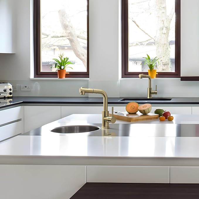 GIMILI Modern Bar Sink Faucet for Kitchen Sink Single Handle with Pull Out Sprayer Hot and Cold Prep Sink Faucet Brushed Gold
