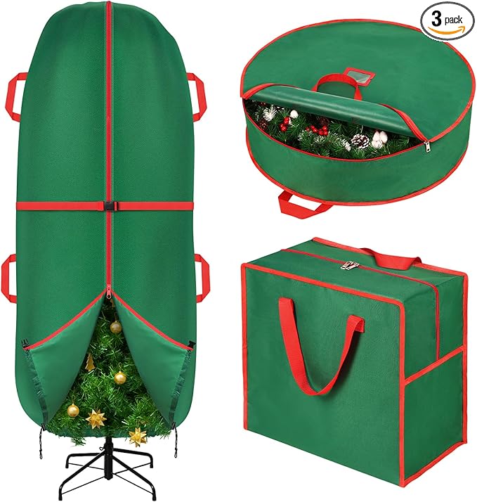 3PCS Upright Christmas Tree Storage Bag Set, Christmas Tree Covers for Upright Storage with Christmas Wreath & Ornament Storage Bags, Christmas Tree Cover for 7.5 Ft Assembled Christmas Tree