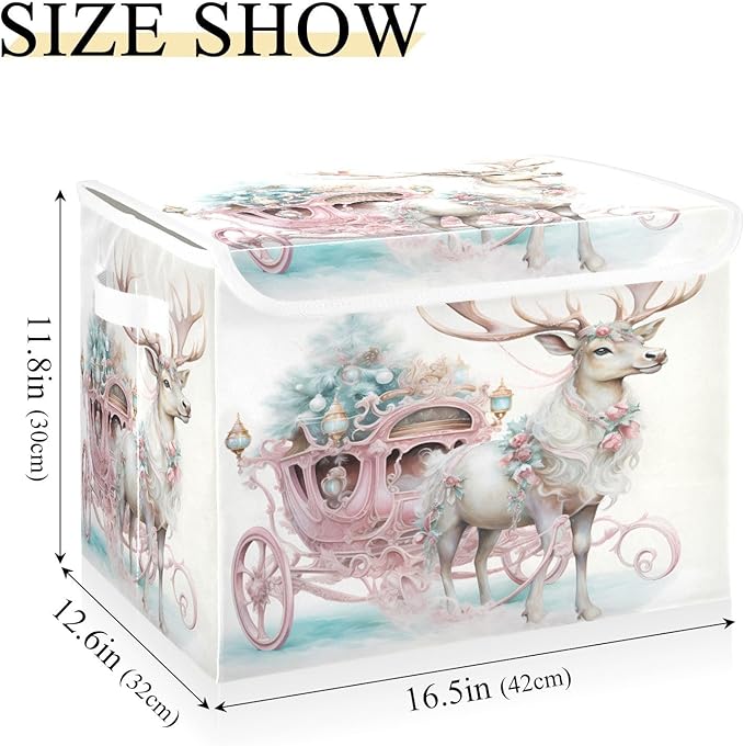 senya Christmas Baskets Collapsible Storage Bins with Lids, Pink Christmas Elk Storage Boxes Clothes Baskets for Organizing