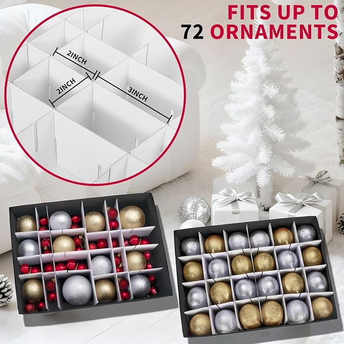Large Christmas Ornament Storage Box With Adjustable Dividers,Ornament Storage Container with 3 Removable Trays for 72 Holiday Decorations,Red