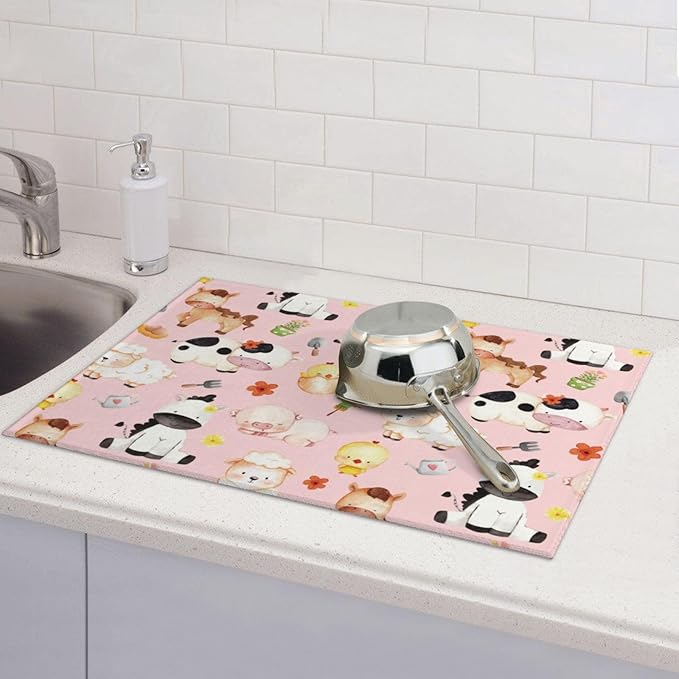 Pink Farm Animal Dish Drying Mat for Kitchen Counter Cute Kitchen Mat Microfiber Kitchen Countertop Absorbent Reversible Drainer Rack Pad Dish Drying Mat 18 x 24 Inch