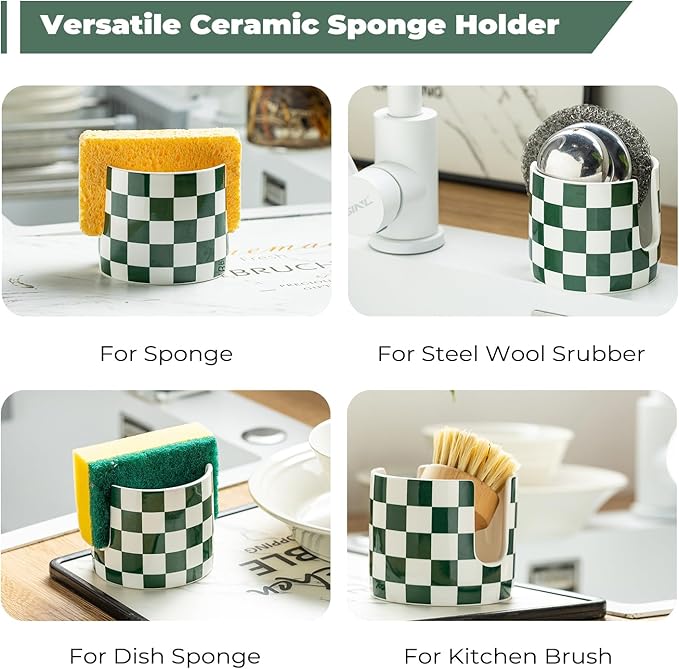 Zoeeker Ceramic Kitchen Sponge Holder, Dish Sponge Holder Suitable for Scrubby Farmhouse Dish Rack Brush Holder for Christmas Bathroom, Kitchen, Sink, Green and White
