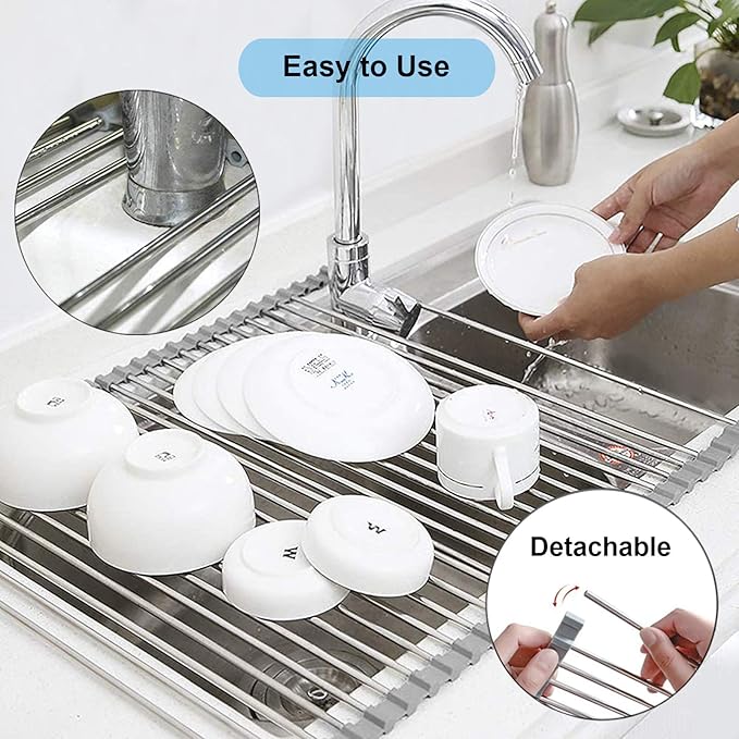 Searik Stainless Steel Over The Sink Dish Drying Rack, Roll Up Foldable Kitchen Sink Drainer Rack (17.7"x 11.8")
