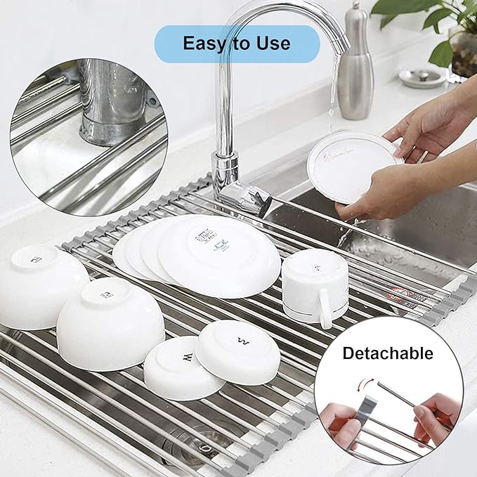 Over the Sink Dish Drying Rack, Searik Roll up Sink Dish Drainer Rack Foldable Kitchen Stainless Steel Dish Rack Sink Drying Rack (17.7” x 11.8”)