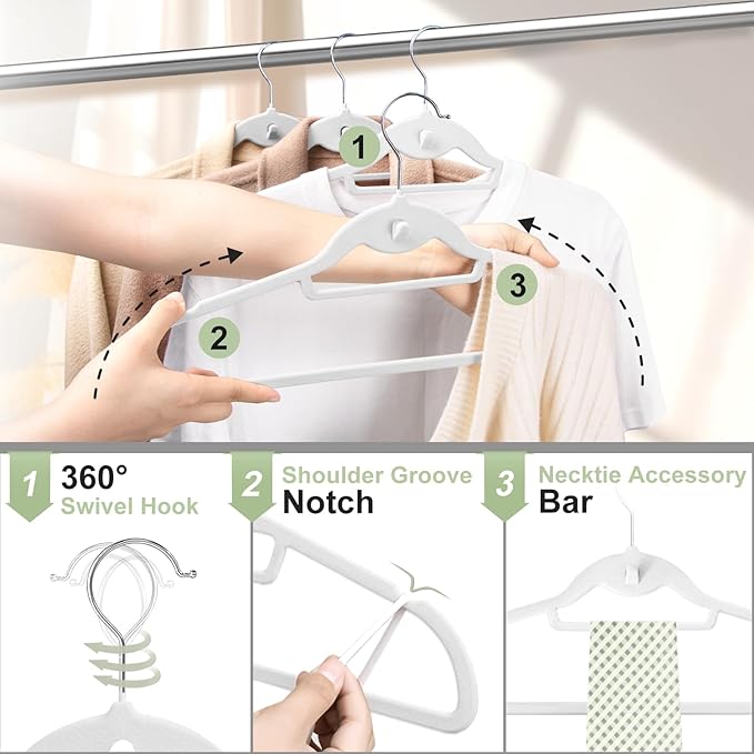 UEAKPIC Velvet Felt Stackable Hangers 50 Pack, Non Slip, with 360°Swivel Hook, Ultra Thin and Space Saving for Suits, Shirts, Coats, 15Lbs Capacity Heavy Duty, White