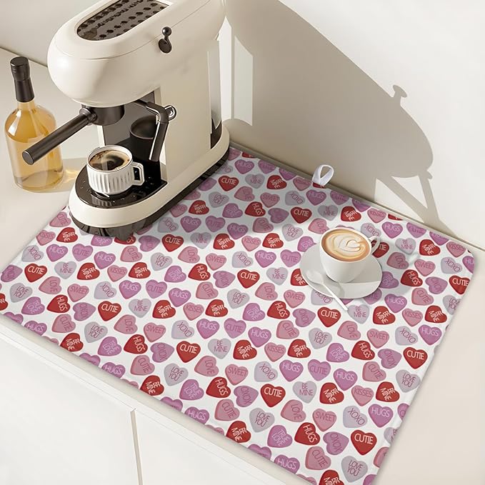Valentine’s Day Dish Drying Mat for Kitchen Counter 24x18 Inch Pink Love Drying Mat with Absorbent Reversible Microfiber Holiday Dish Drainer Mats Rack Pad for Coffee Countertop Protector