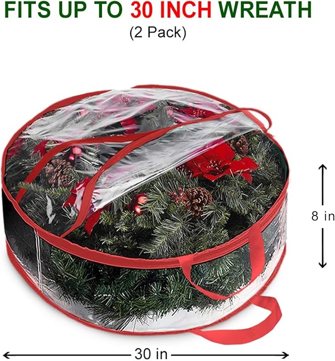 ProPik Christmas Wreath Storage Bag 30" - 2 Pack Clear Christmas Wreath Storage Container - Garland Holiday Artificial Wreath Storage Holder - Water Proof Transparent Clear PVC (30 Inch, Red)