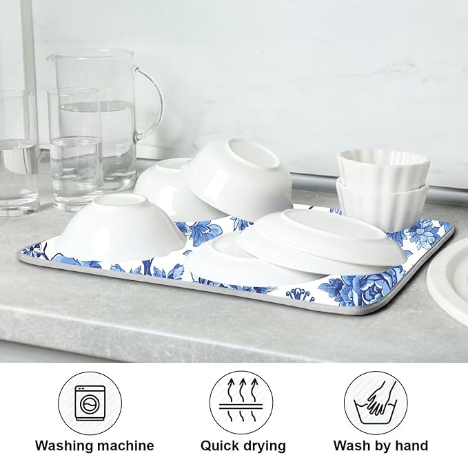 Blue White Porcelain Peony Dish Drying Mat for Kitchen Countertop 16x18 Rectangle Small Drying Mat Reusable Quick Dry Dish Sink Absorbent Mats Dishwasher Easy Clean Decorative Home Decor Essentials