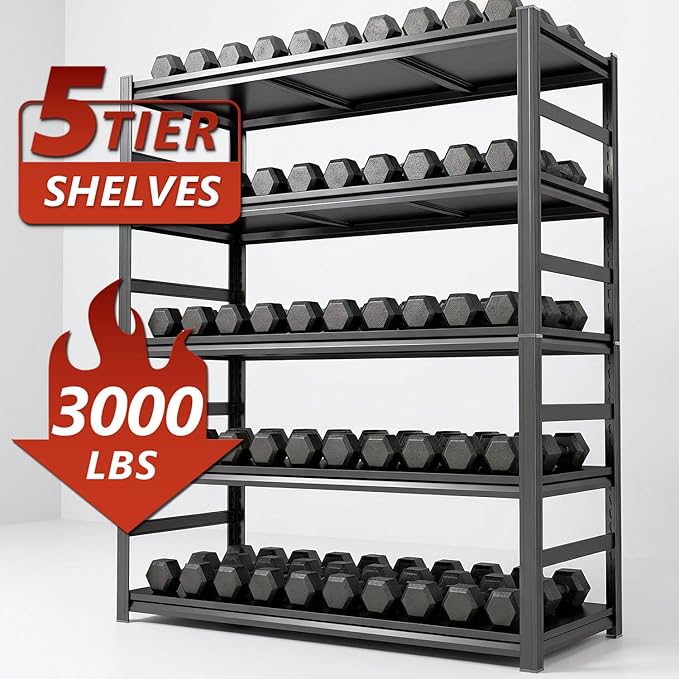 Notmise Garage Shelving Black 5-Tier Heavy Duty Shelves 2800Lbs, Adjustable Metal for Warehouse Basement(72”H×47.25”W×23.6”D)